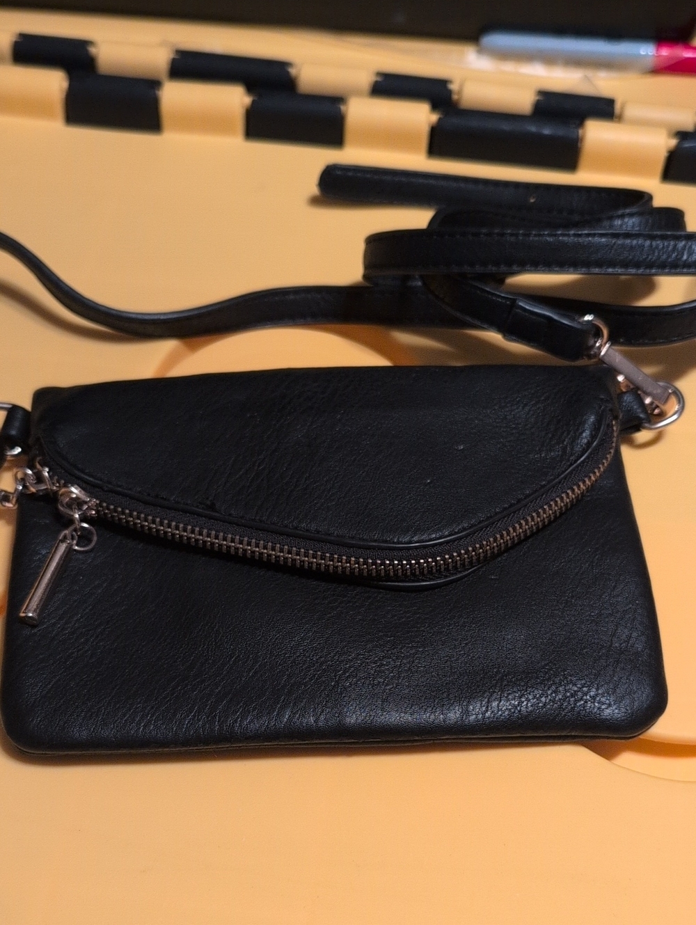 BlackVegan Leather Crossbody Bag with Front Zip Pocket